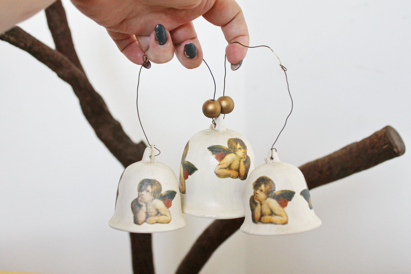 Set of three vintage beautiful ceramic Bells with angels on the cord - Vintage Souvenir Gift - Germany porcelain - Christmas decor