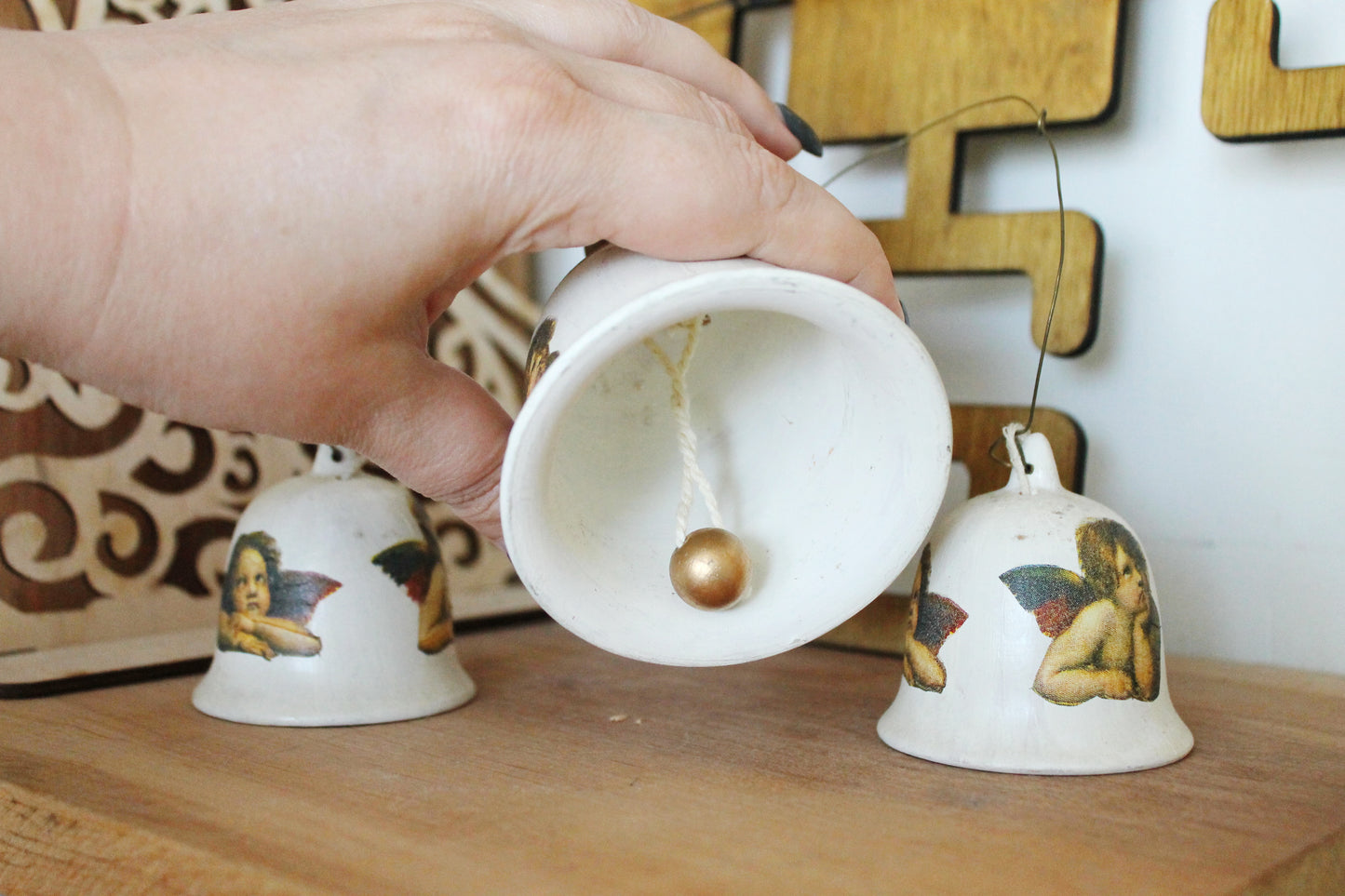 Set of three vintage beautiful ceramic Bells with angels on the cord - Vintage Souvenir Gift - Germany porcelain - Christmas decor