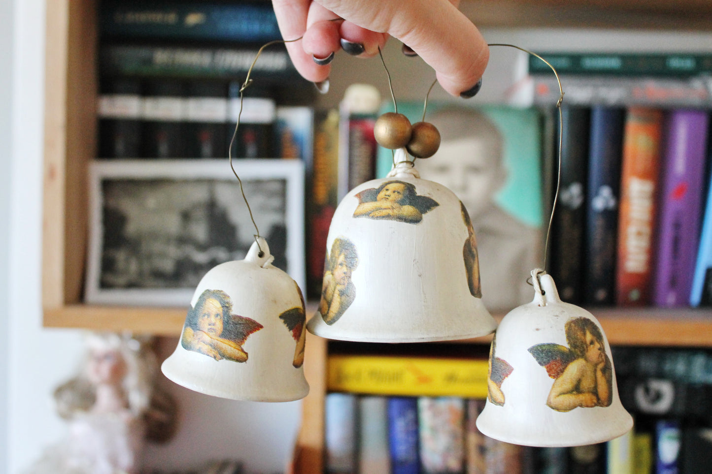 Set of three vintage beautiful ceramic Bells with angels on the cord - Vintage Souvenir Gift - Germany porcelain - Christmas decor