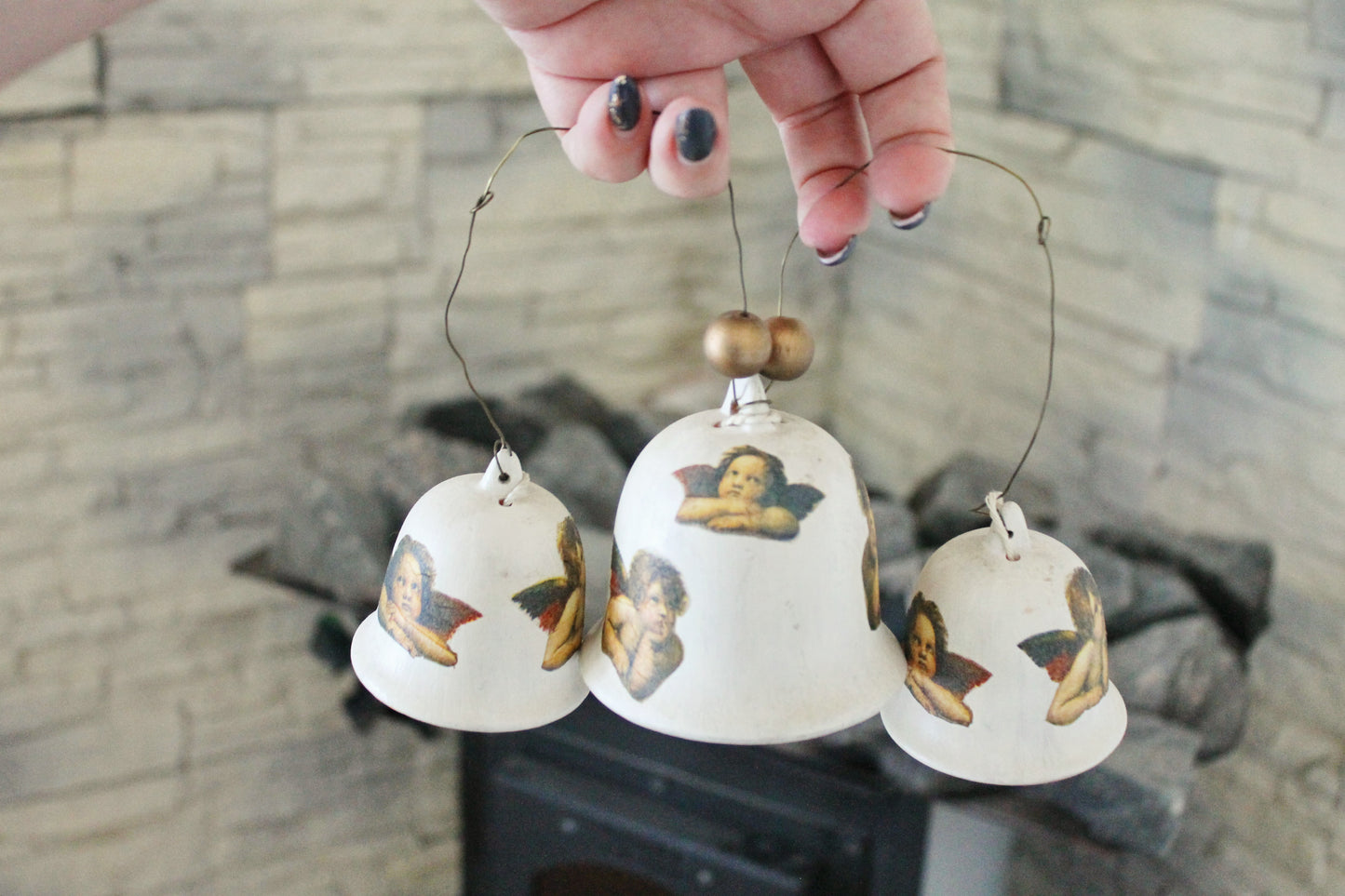 Set of three vintage beautiful ceramic Bells with angels on the cord - Vintage Souvenir Gift - Germany porcelain - Christmas decor