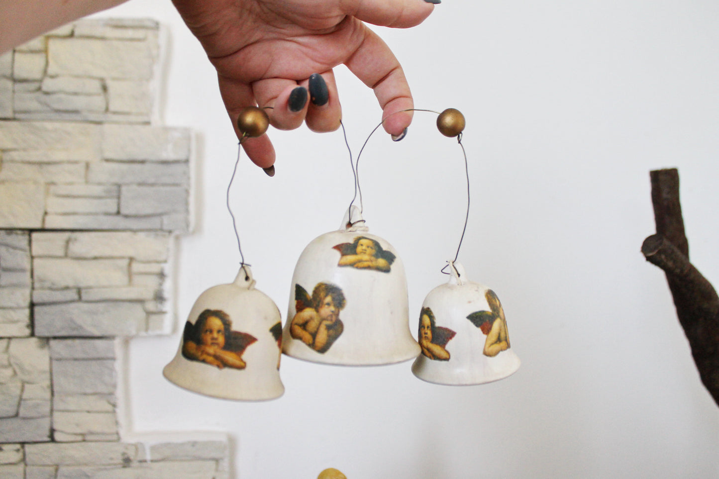 Set of three vintage beautiful ceramic Bells with angels on the cord - Vintage Souvenir Gift - Germany porcelain - Christmas decor
