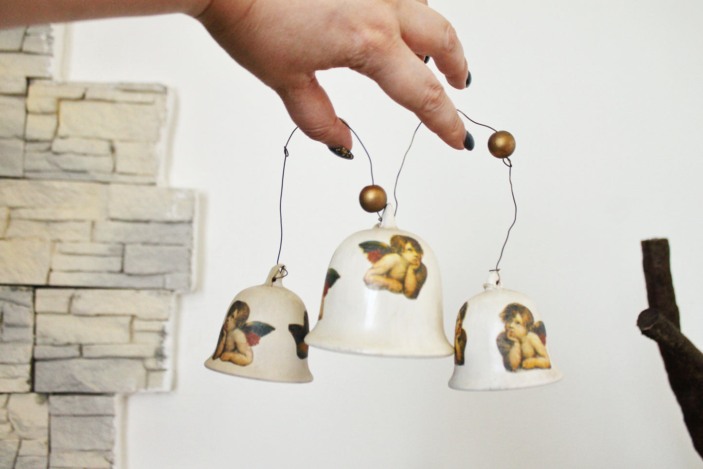 Set of three vintage beautiful ceramic Bells with angels on the cord - Vintage Souvenir Gift - Germany porcelain - Christmas decor