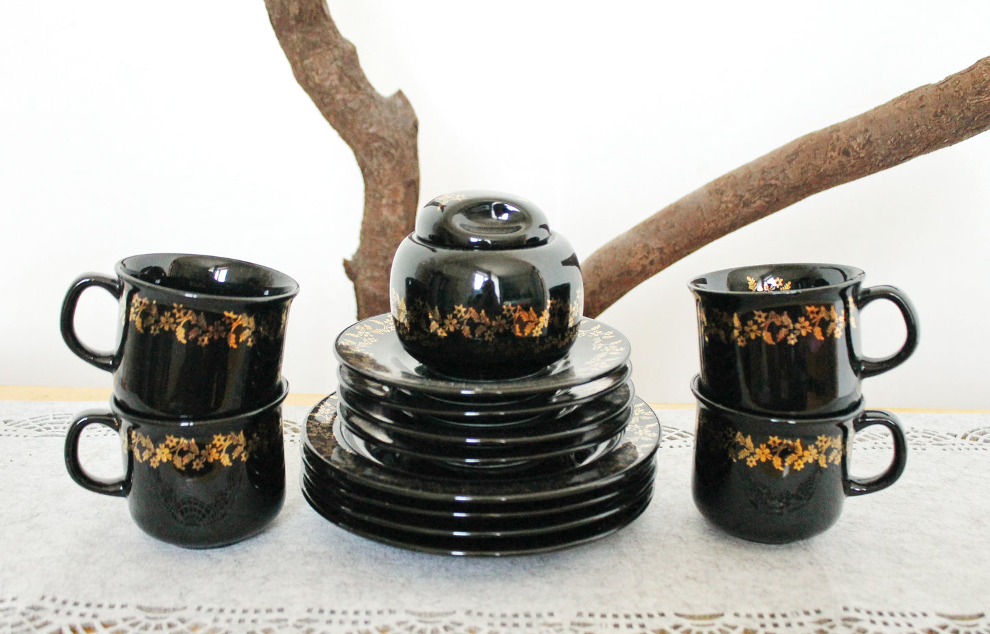 Vintage beautiful Black with golden flowers Porcelain Tea Set - made in Germany - 1980s