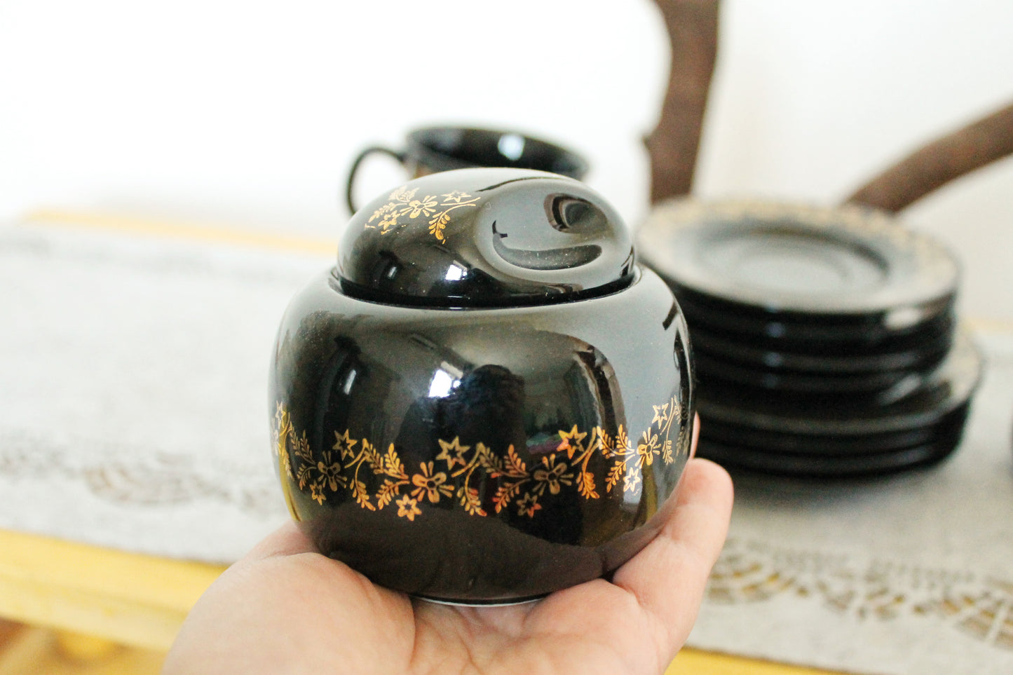 Vintage beautiful Black with golden flowers Porcelain Tea Set - made in Germany - 1980s