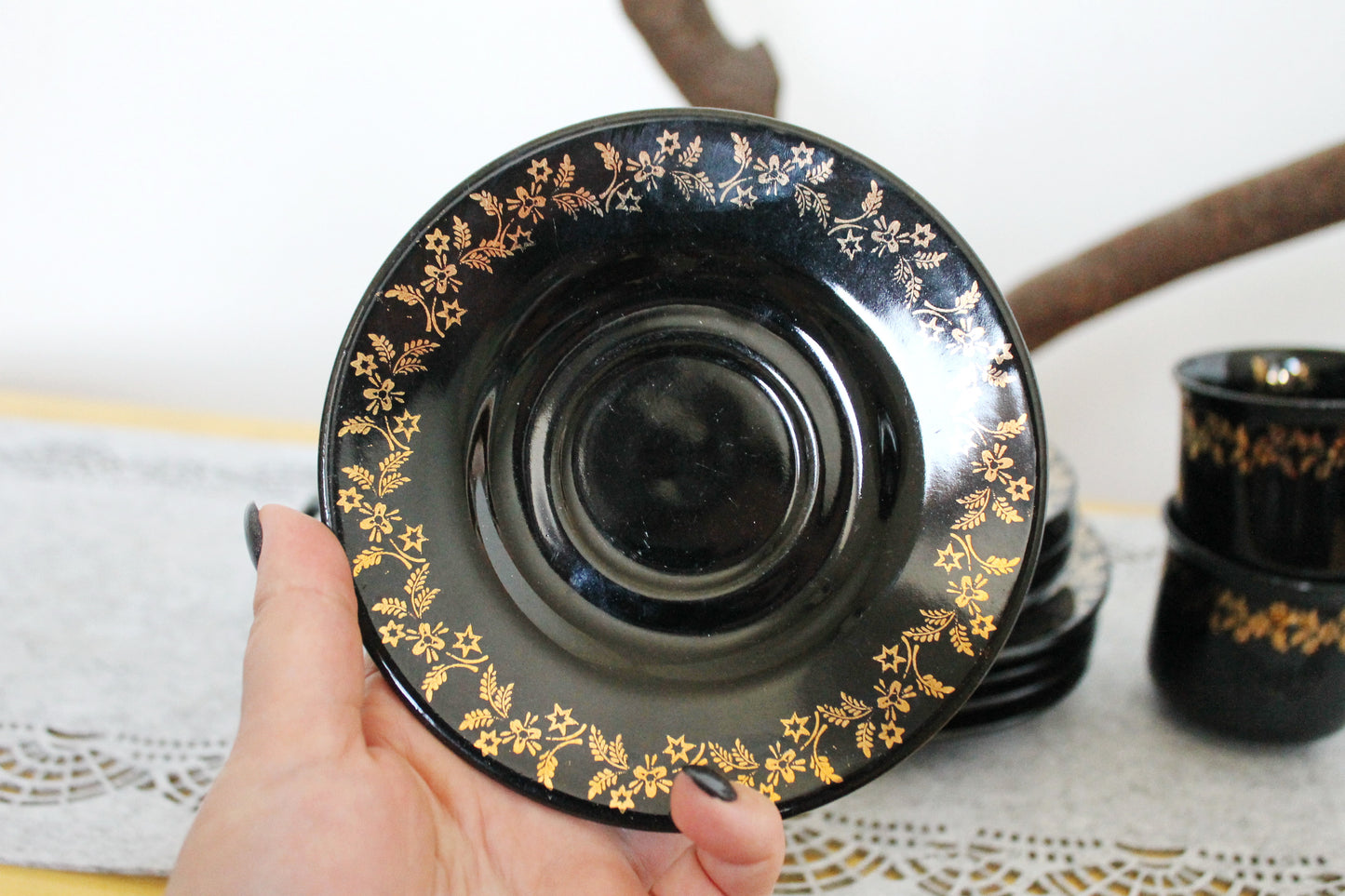 Vintage beautiful Black with golden flowers Porcelain Tea Set - made in Germany - 1980s