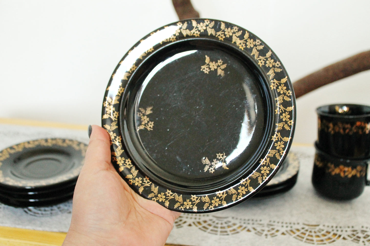 Vintage beautiful Black with golden flowers Porcelain Tea Set - made in Germany - 1980s