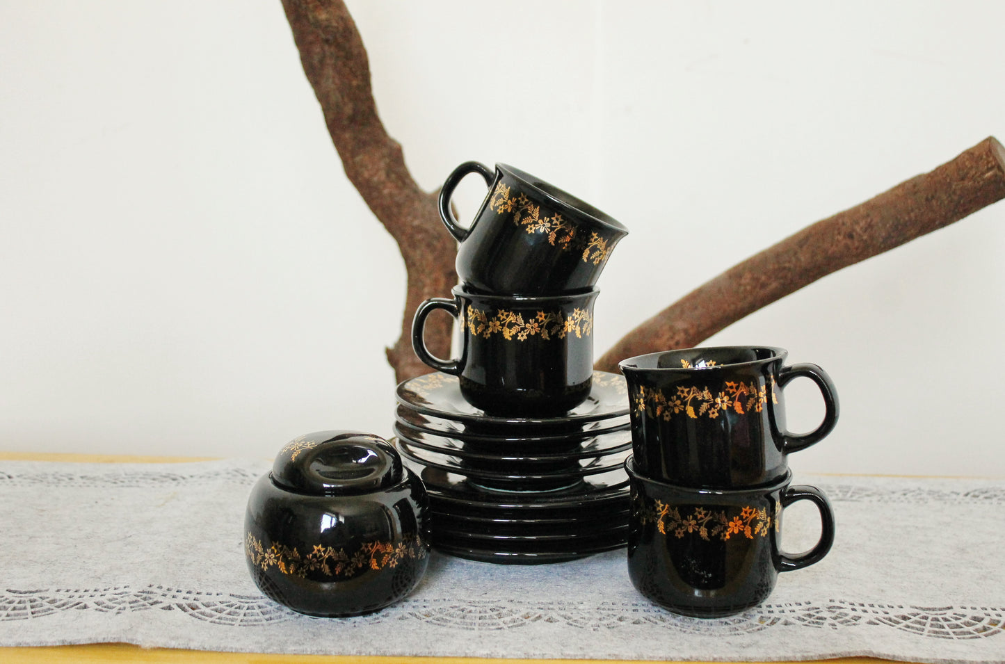 Vintage beautiful Black with golden flowers Porcelain Tea Set - made in Germany - 1980s