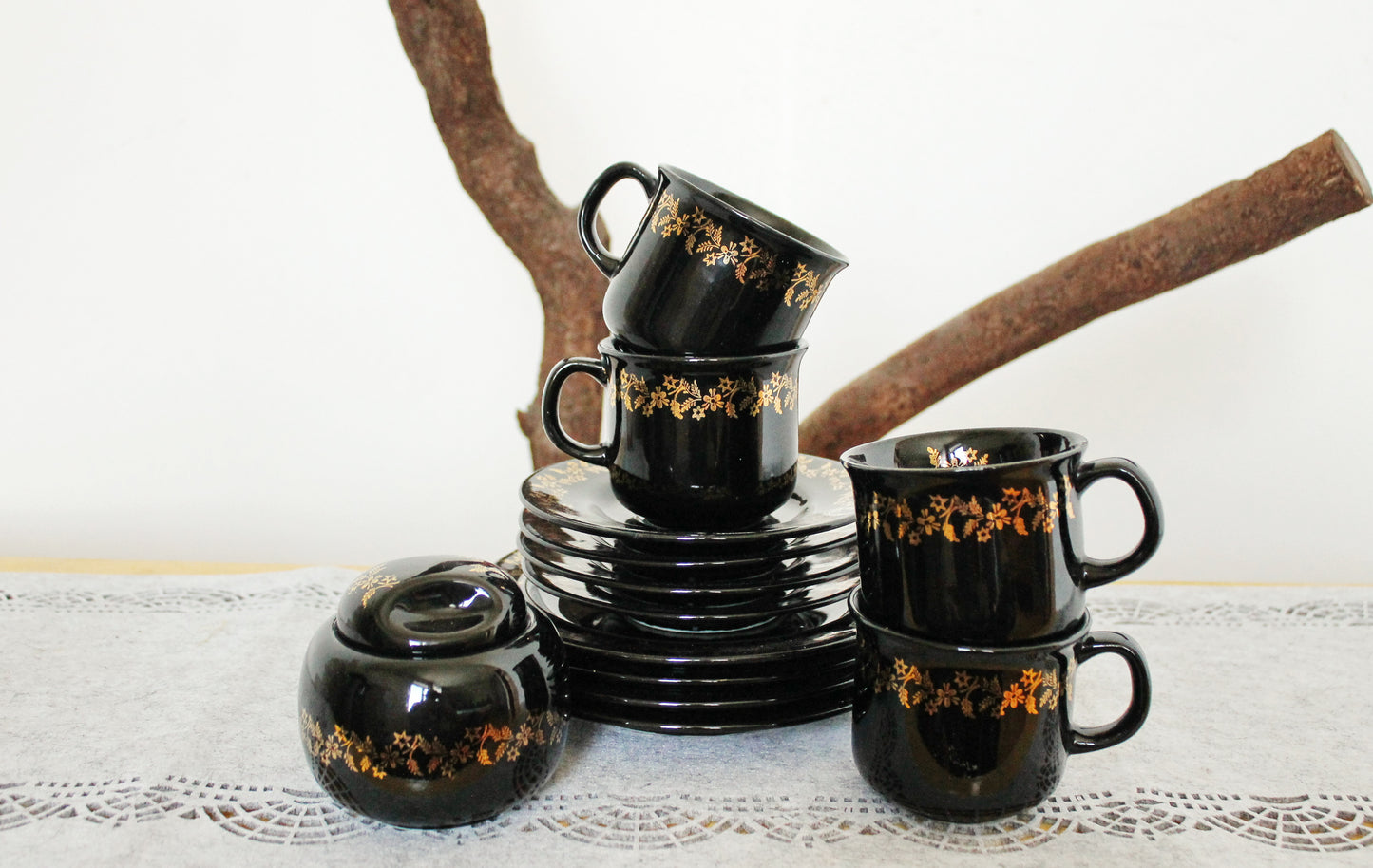 Vintage beautiful Black with golden flowers Porcelain Tea Set - made in Germany - 1980s