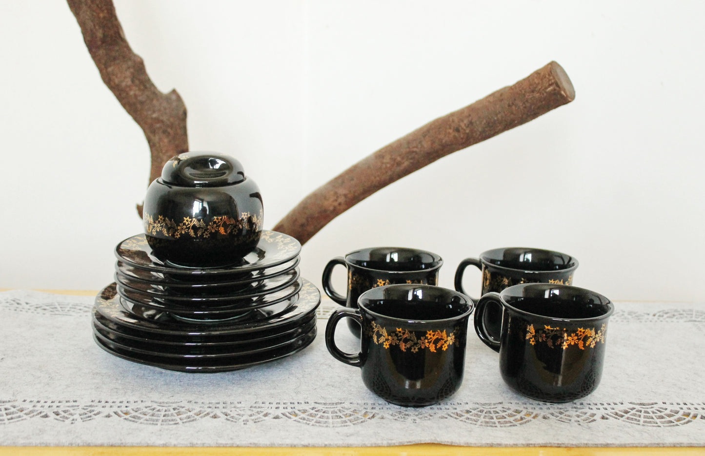 Vintage beautiful Black with golden flowers Porcelain Tea Set - made in Germany - 1980s