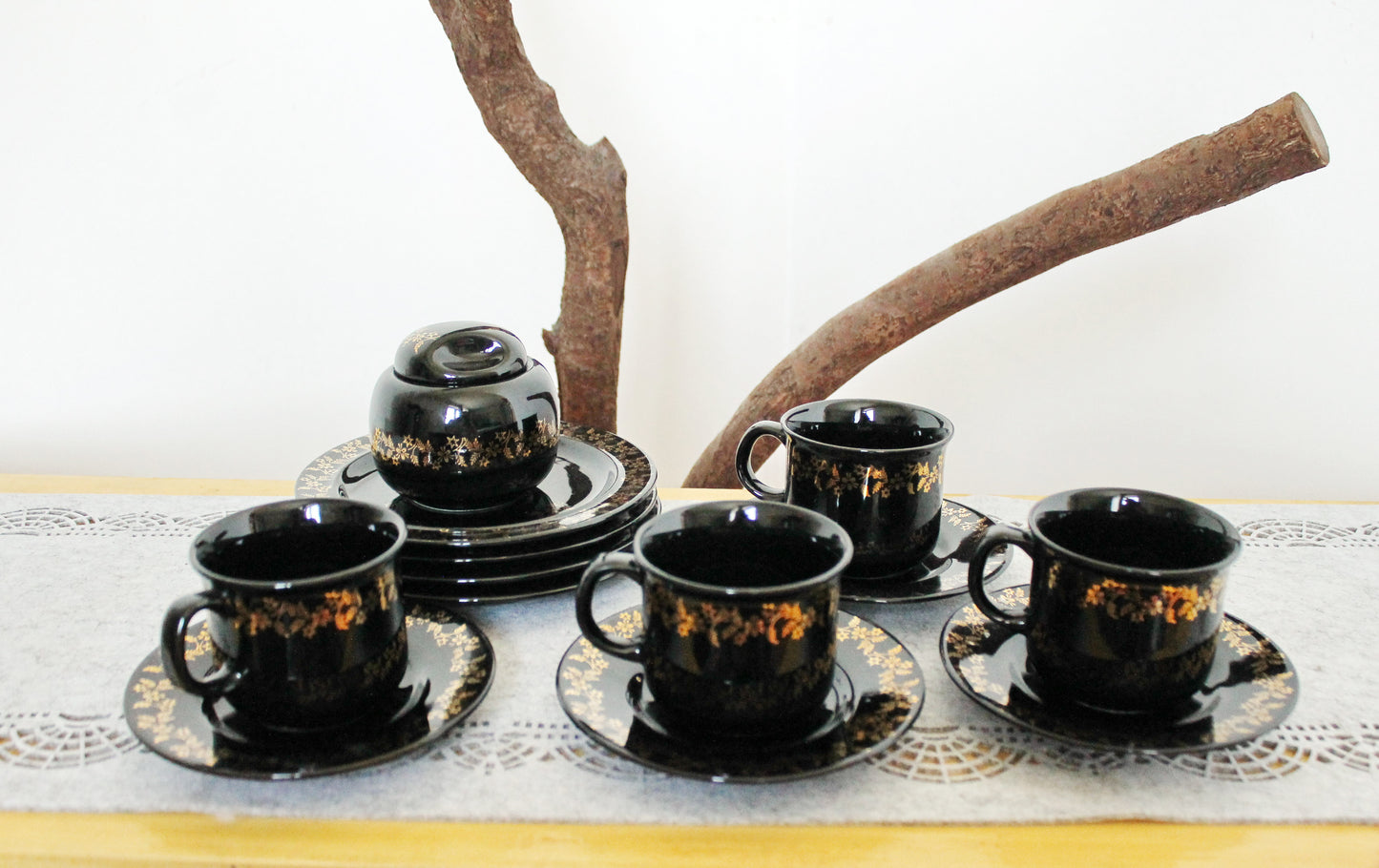 Vintage beautiful Black with golden flowers Porcelain Tea Set - made in Germany - 1980s