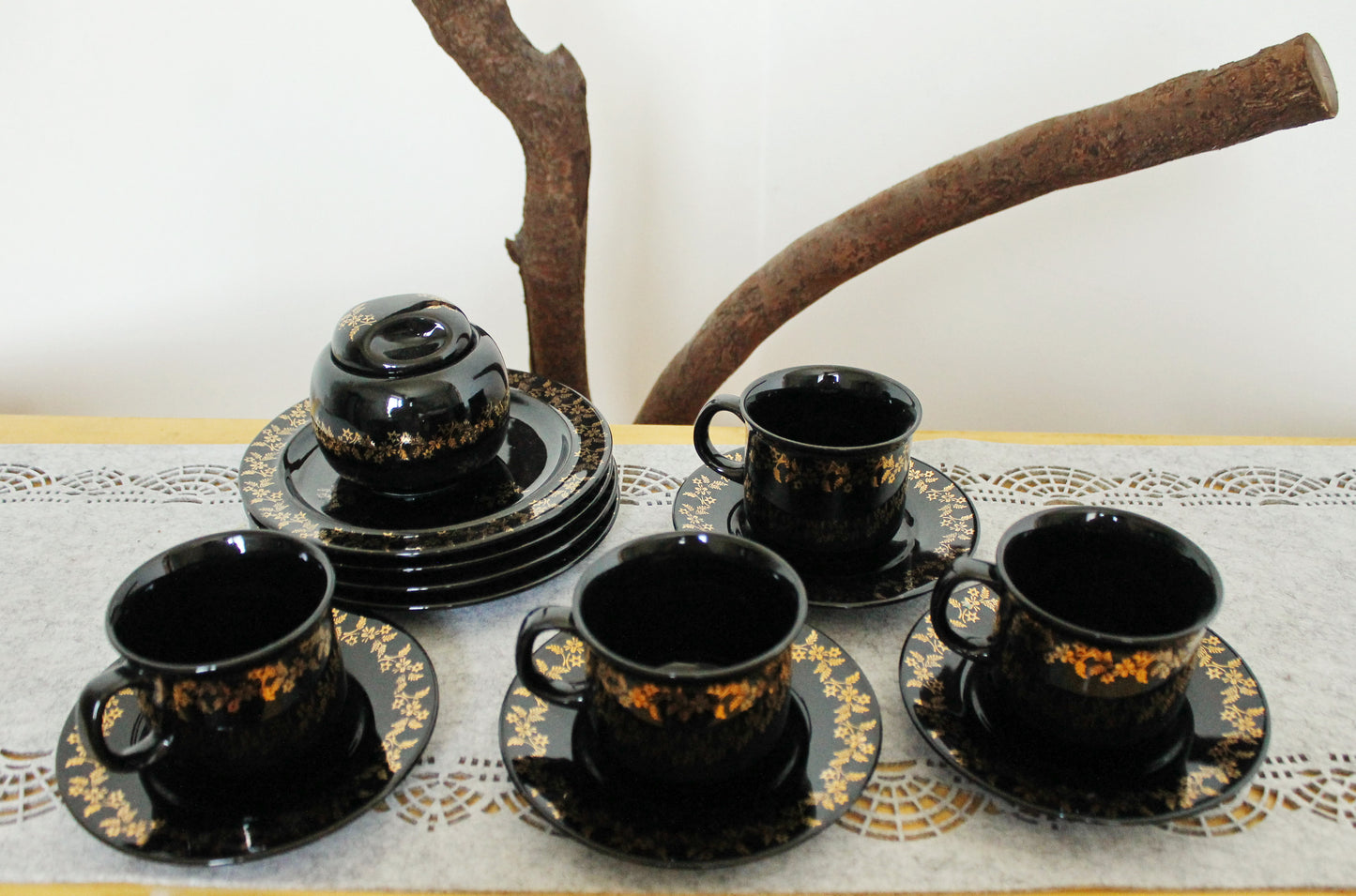 Vintage beautiful Black with golden flowers Porcelain Tea Set - made in Germany - 1980s