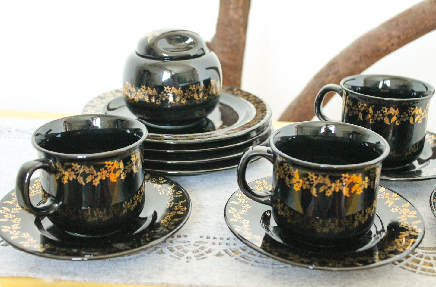 Vintage beautiful Black with golden flowers Porcelain Tea Set - made in Germany - 1980s