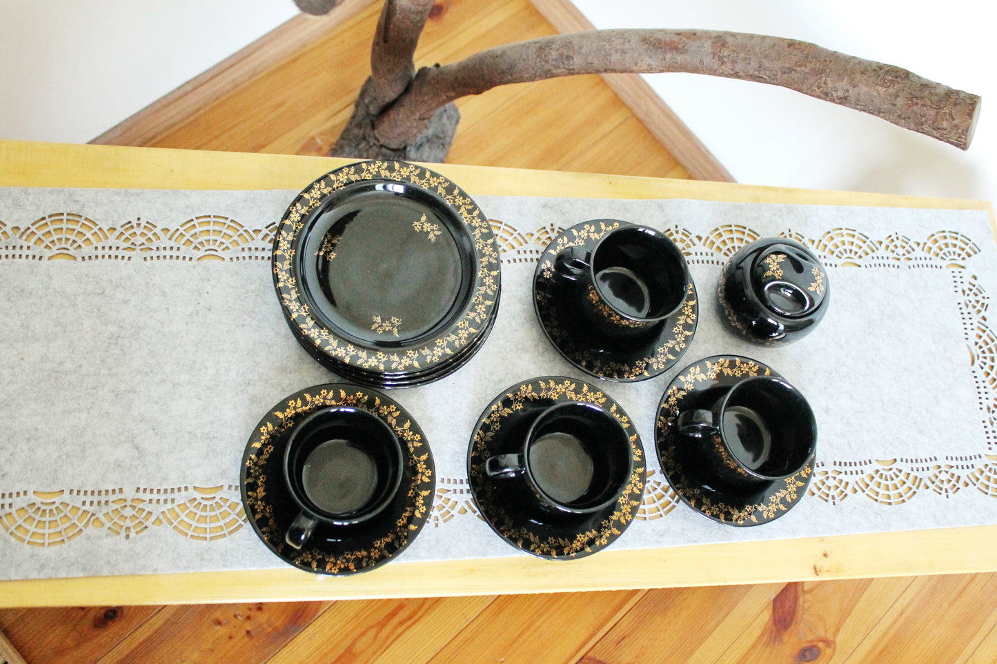 Vintage beautiful Black with golden flowers Porcelain Tea Set - made in Germany - 1980s