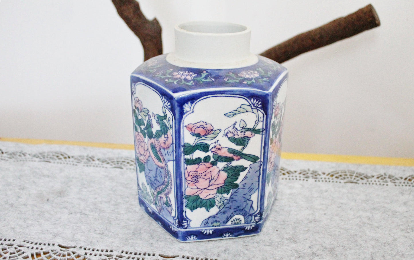 Vintage big hexagonal porcelain blue white oriental vase - 9.4 inches - came from Germany - vintage vase - 1980-1990s - made in China