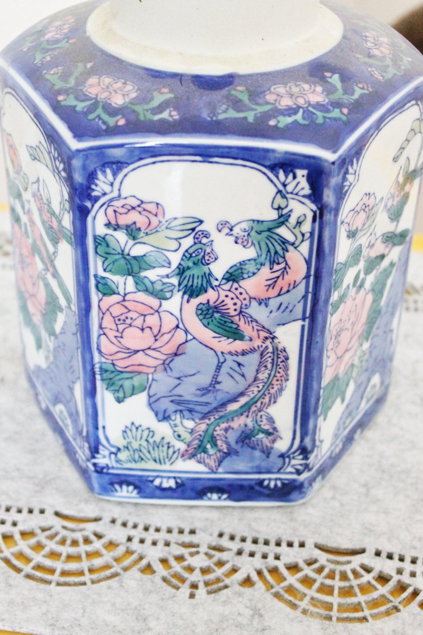 Vintage big hexagonal porcelain blue white oriental vase - 9.4 inches - came from Germany - vintage vase - 1980-1990s - made in China