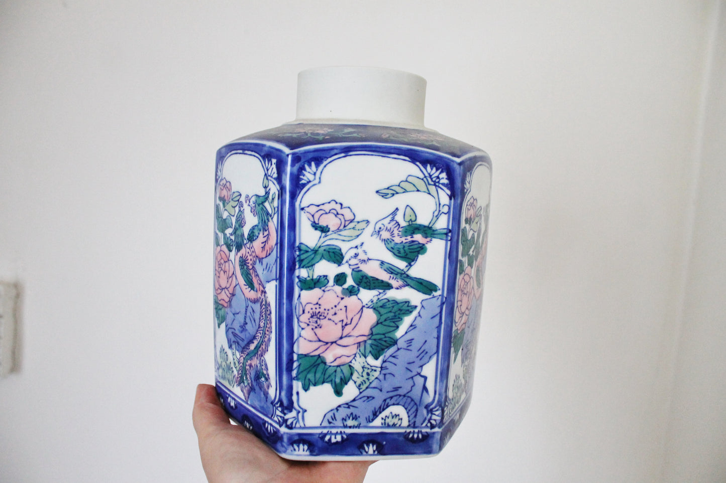 Vintage big hexagonal porcelain blue white oriental vase - 9.4 inches - came from Germany - vintage vase - 1980-1990s - made in China