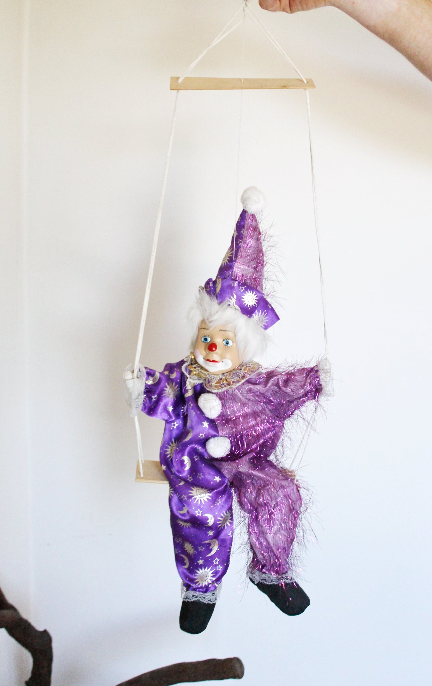 Vintage doll with porcelain face - 22.3 inches - Clown on the swing - Hanging toy - Hand painting. Germany. 1970-1980s