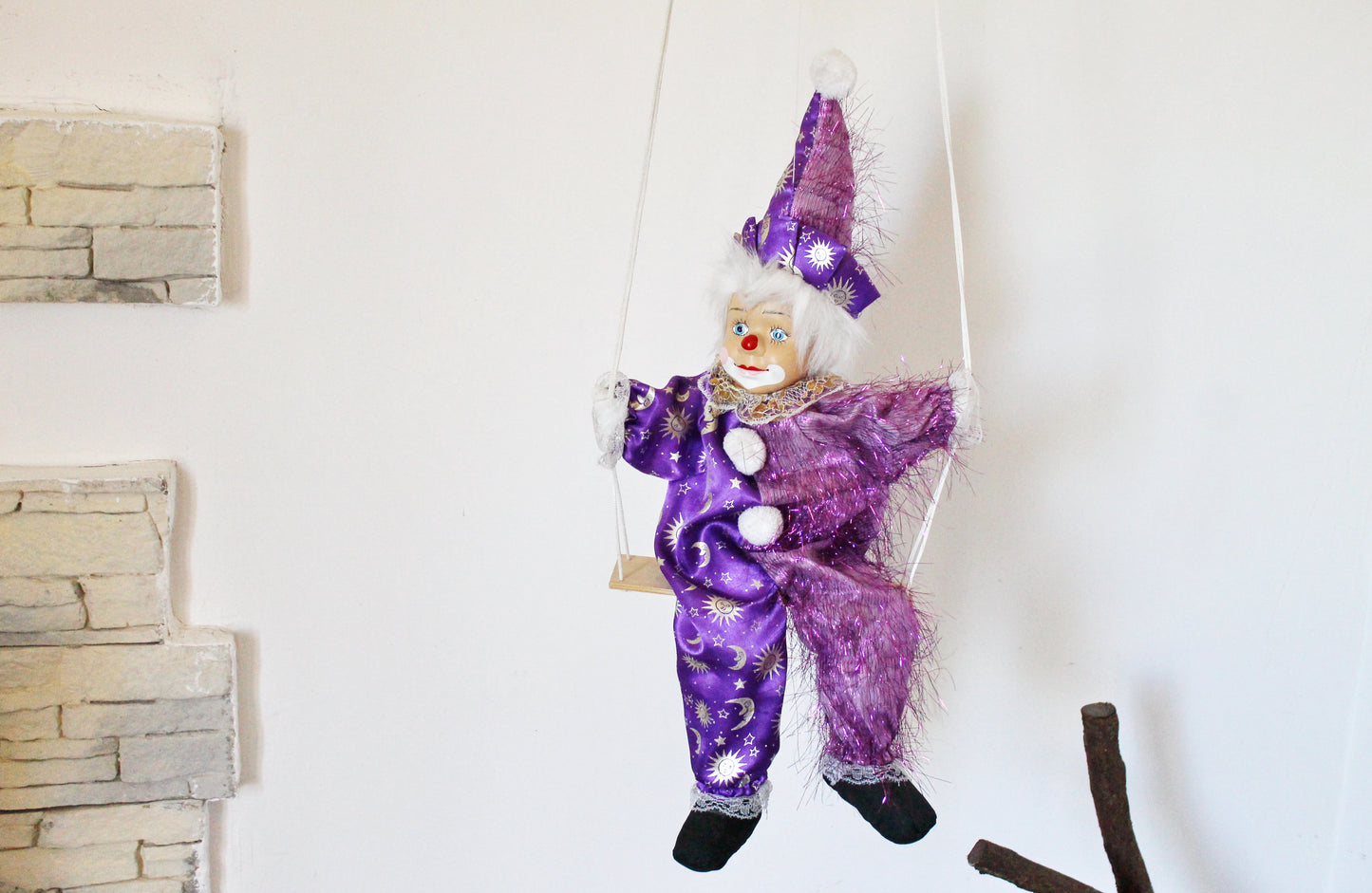 Vintage doll with porcelain face - 22.3 inches - Clown on the swing - Hanging toy - Hand painting. Germany. 1970-1980s