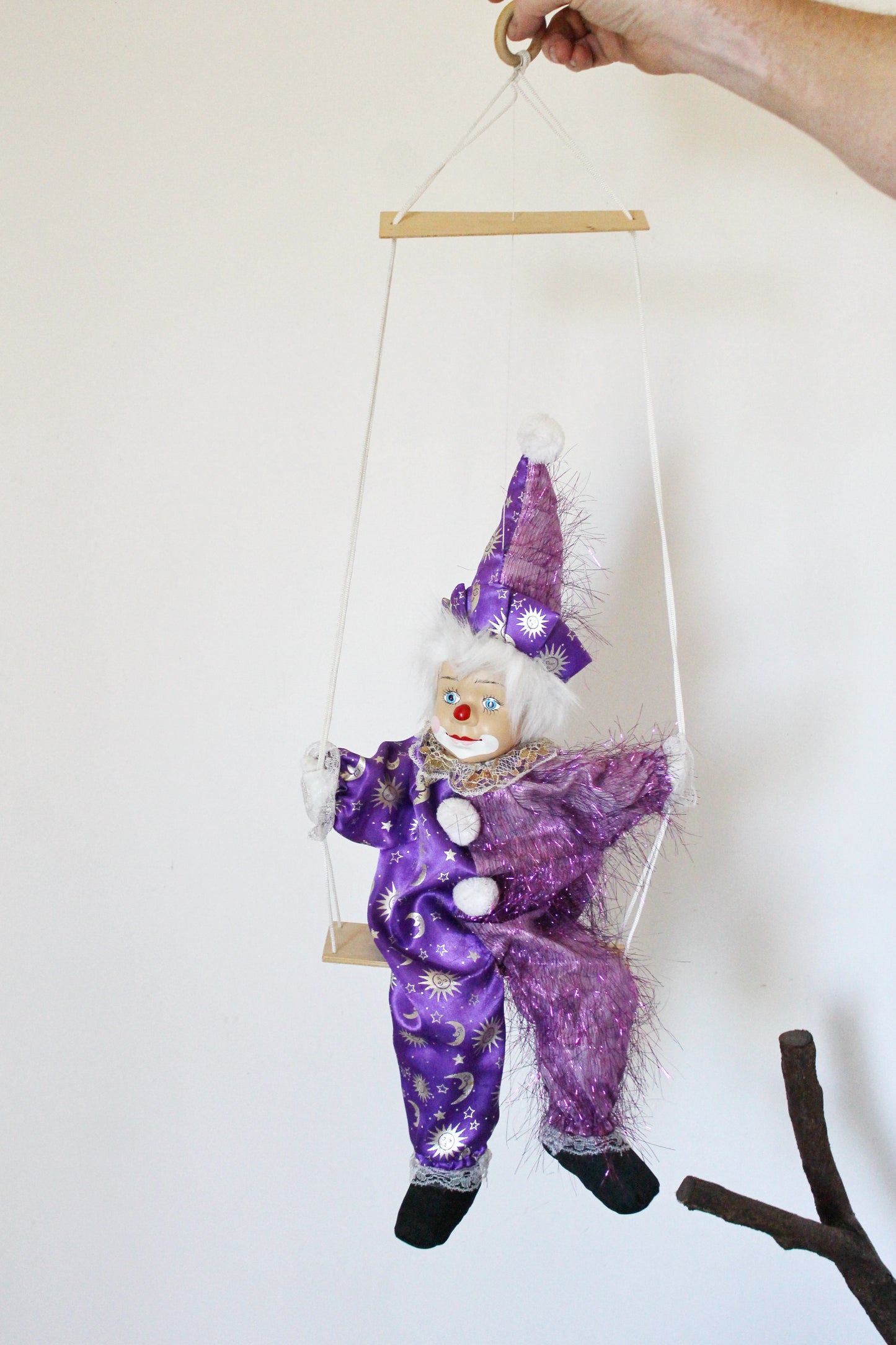 Vintage doll with porcelain face - 22.3 inches - Clown on the swing - Hanging toy - Hand painting. Germany. 1970-1980s
