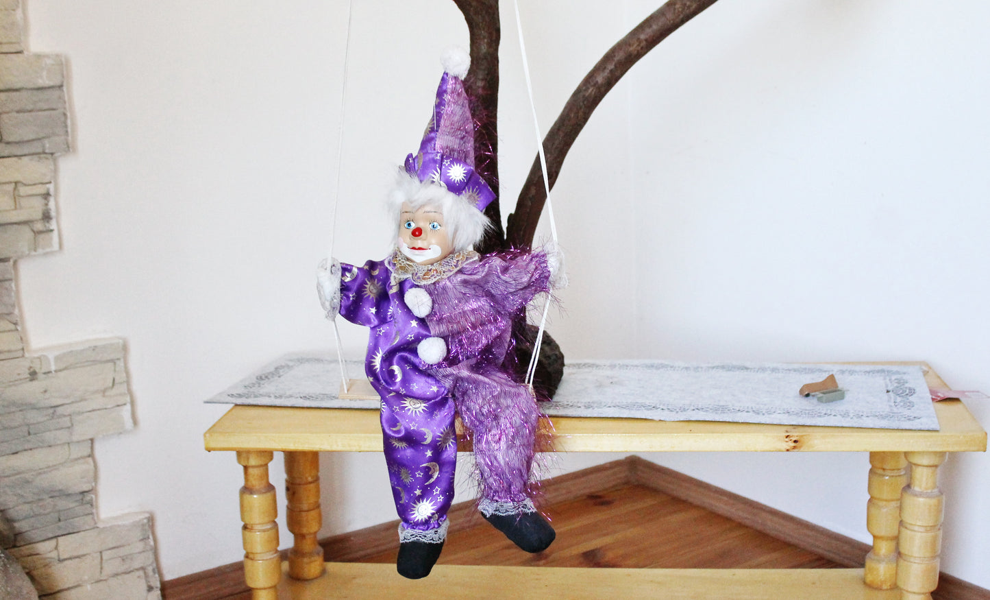 Vintage doll with porcelain face - 22.3 inches - Clown on the swing - Hanging toy - Hand painting. Germany. 1970-1980s