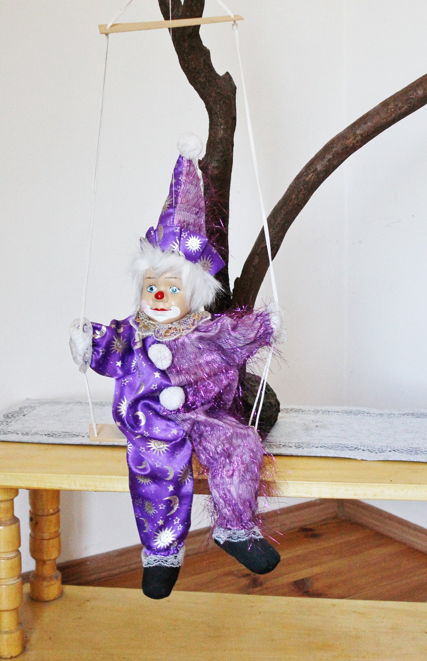 Vintage doll with porcelain face - 22.3 inches - Clown on the swing - Hanging toy - Hand painting. Germany. 1970-1980s