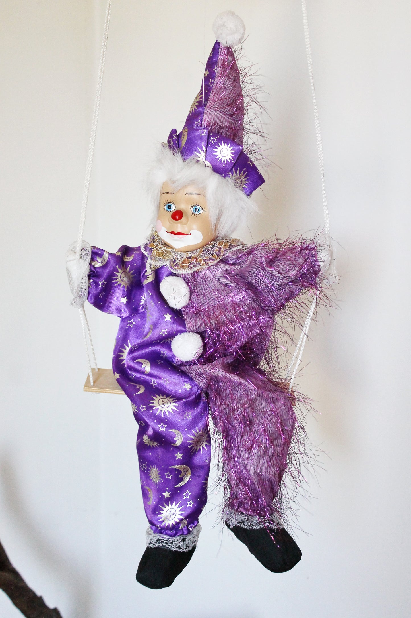 Vintage doll with porcelain face - 22.3 inches - Clown on the swing - Hanging toy - Hand painting. Germany. 1970-1980s