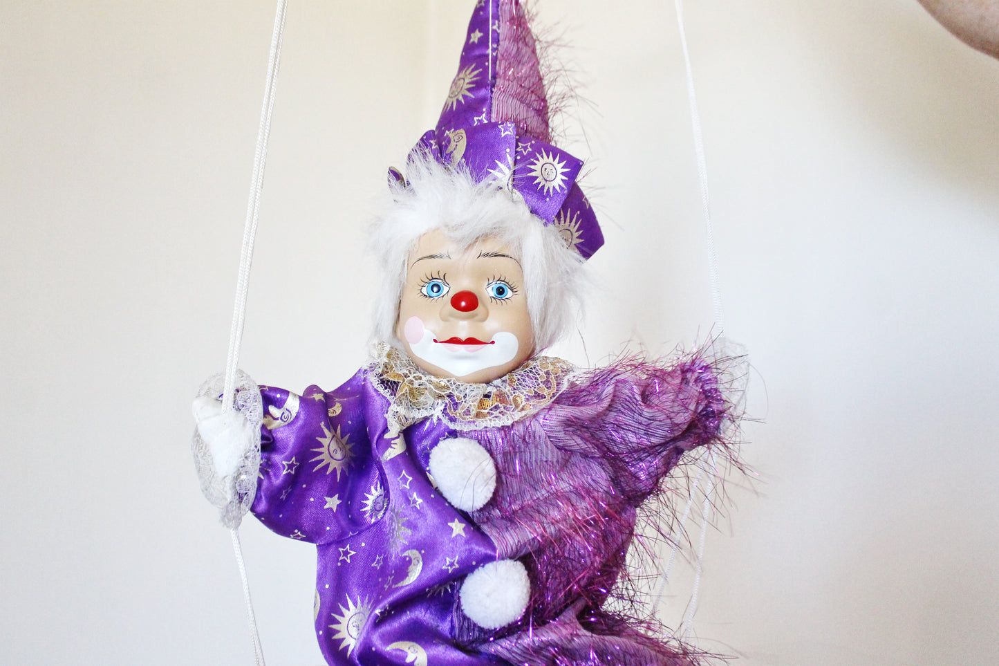 Vintage doll with porcelain face - 22.3 inches - Clown on the swing - Hanging toy - Hand painting. Germany. 1970-1980s