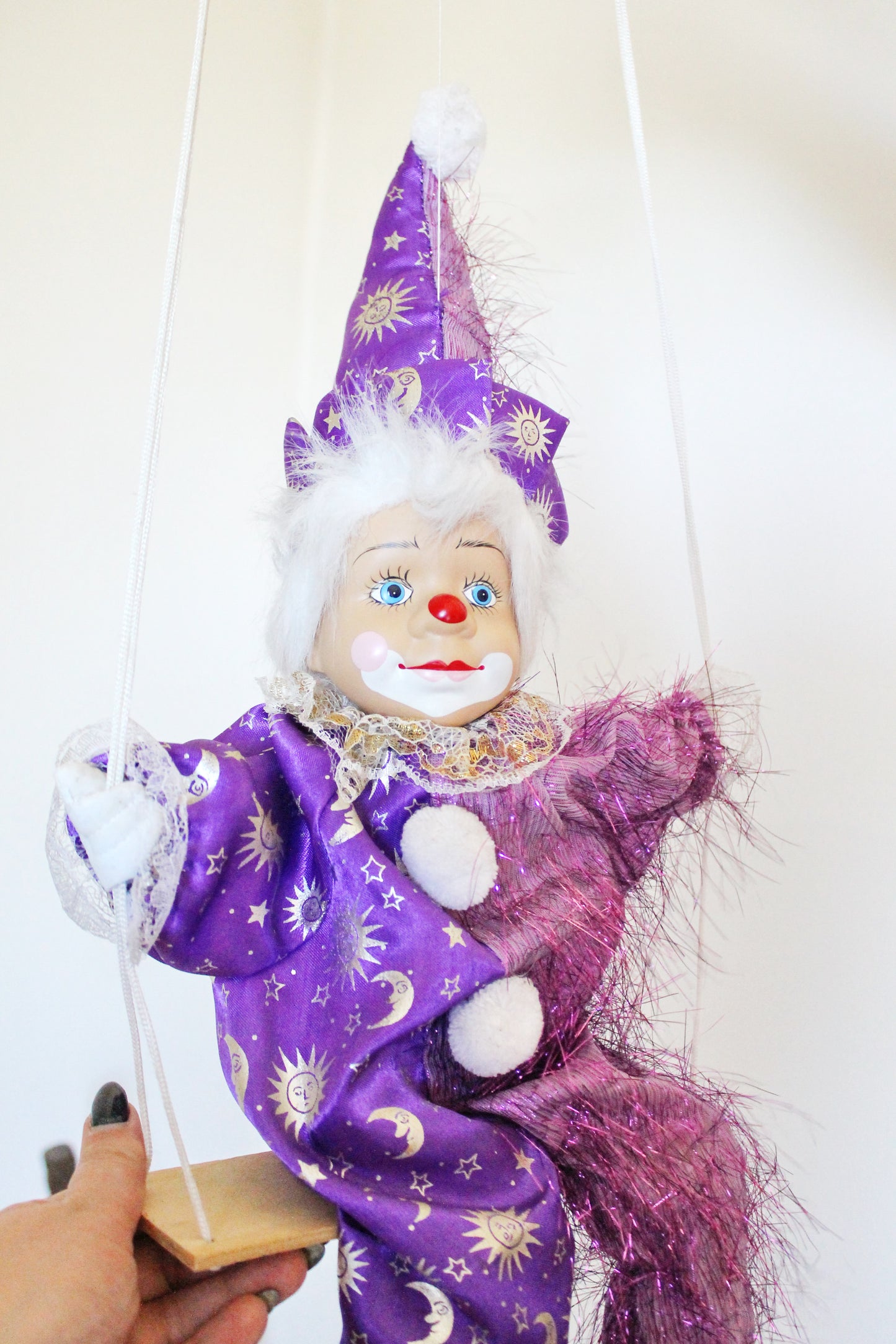 Vintage doll with porcelain face - 22.3 inches - Clown on the swing - Hanging toy - Hand painting. Germany. 1970-1980s