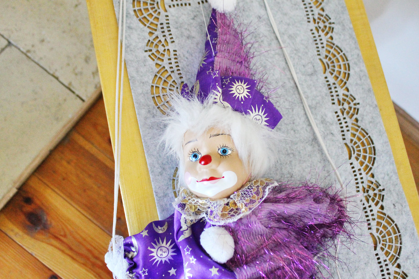 Vintage doll with porcelain face - 22.3 inches - Clown on the swing - Hanging toy - Hand painting. Germany. 1970-1980s