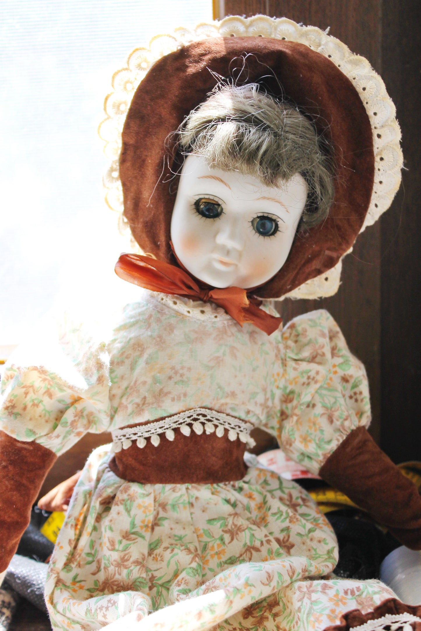 Vintage porcelain Germany cute doll in a flower dress and a hat - 17 inches - Collectible doll - 1970-1980s