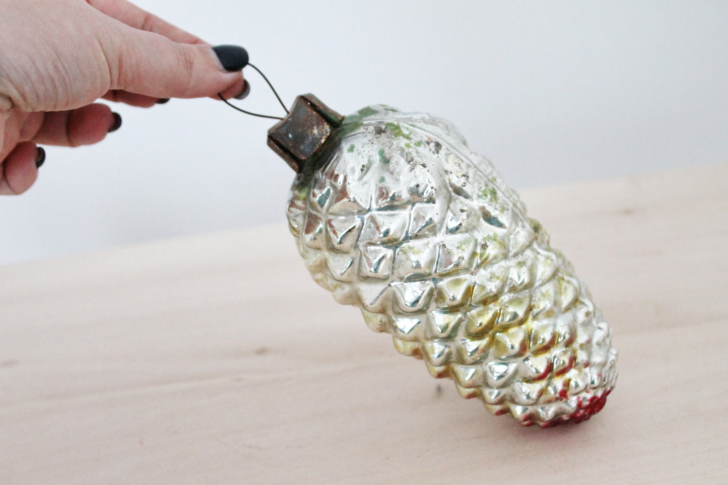 Pine Cone BIG Christmas tree toy decoration 6 inch - White - Soviet vintage - Christmas - New Year Glass Ornament, Made in USSR - 1970s