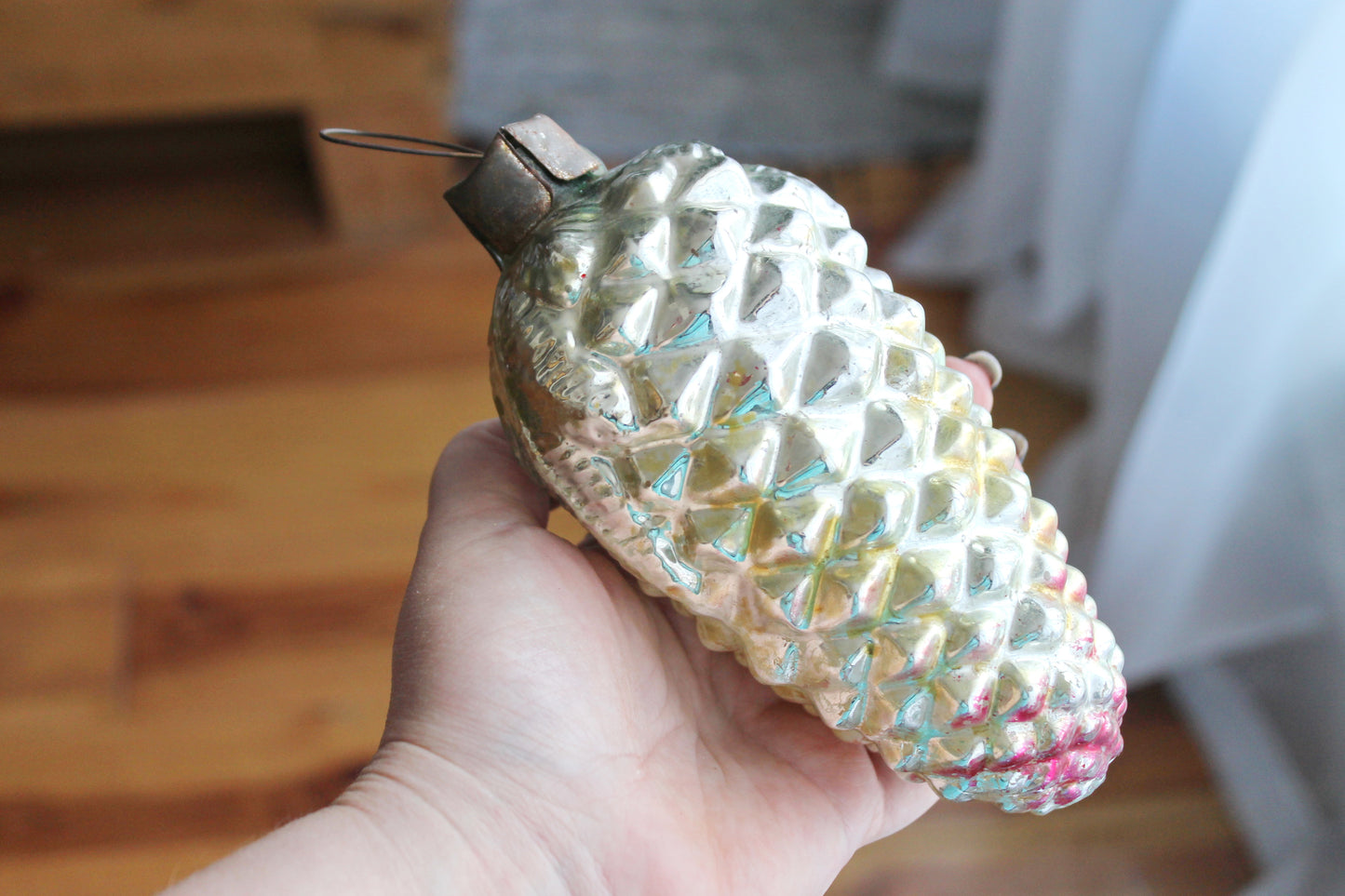 Pine Cone BIG Christmas tree toy decoration 6 inch - White - Soviet vintage - Christmas - New Year Glass Ornament, Made in USSR - 1970s