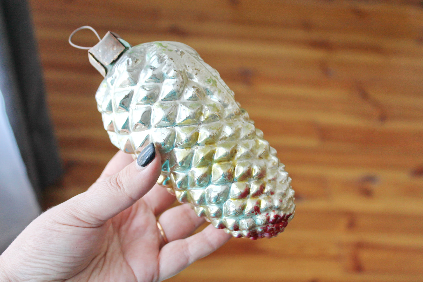 Pine Cone BIG Christmas tree toy decoration 6 inch - White - Soviet vintage - Christmas - New Year Glass Ornament, Made in USSR - 1970s