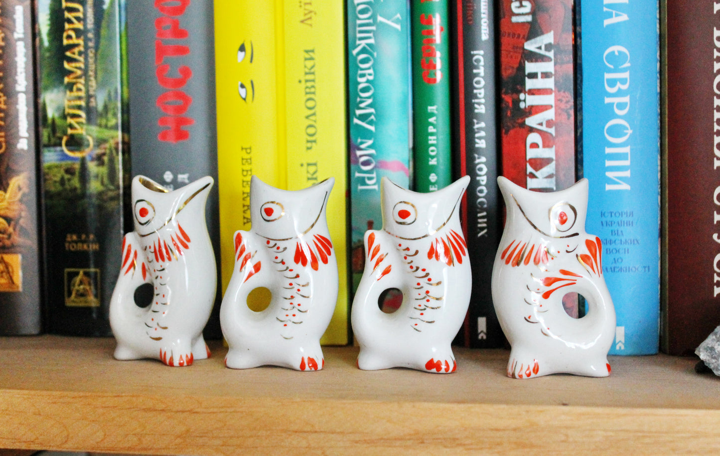 Vintage Ceramic Drinking Set of 4 small fishes - The family of carp - White and Red - 1970s - from USSR / Soviet Union / Soviet Ukraine