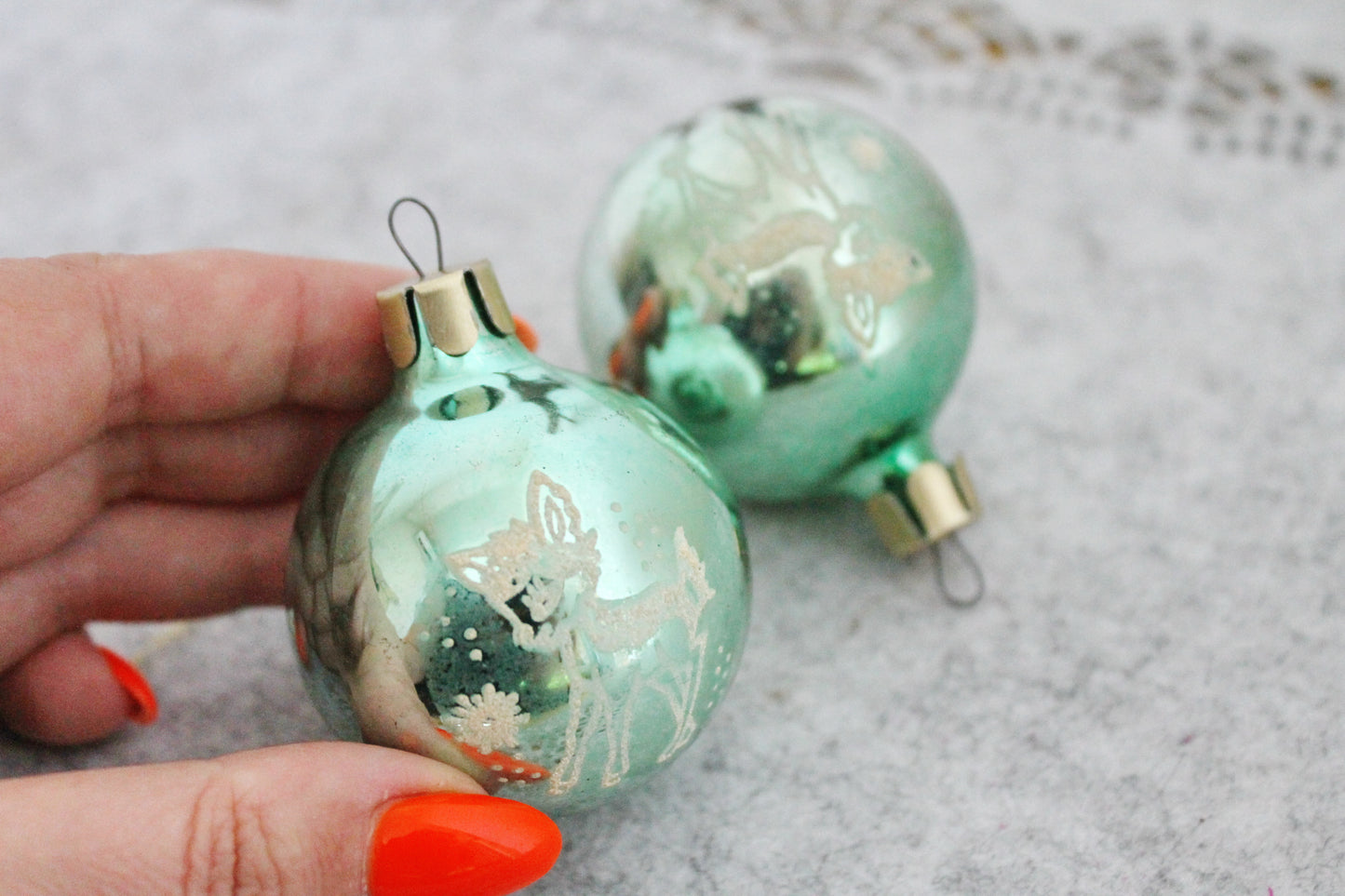 Christmas tree balls green ornament 2 inches - Set of two - Soviet vintage - Christmas - New Year Glass Ornament, Made in USSR - 1970s