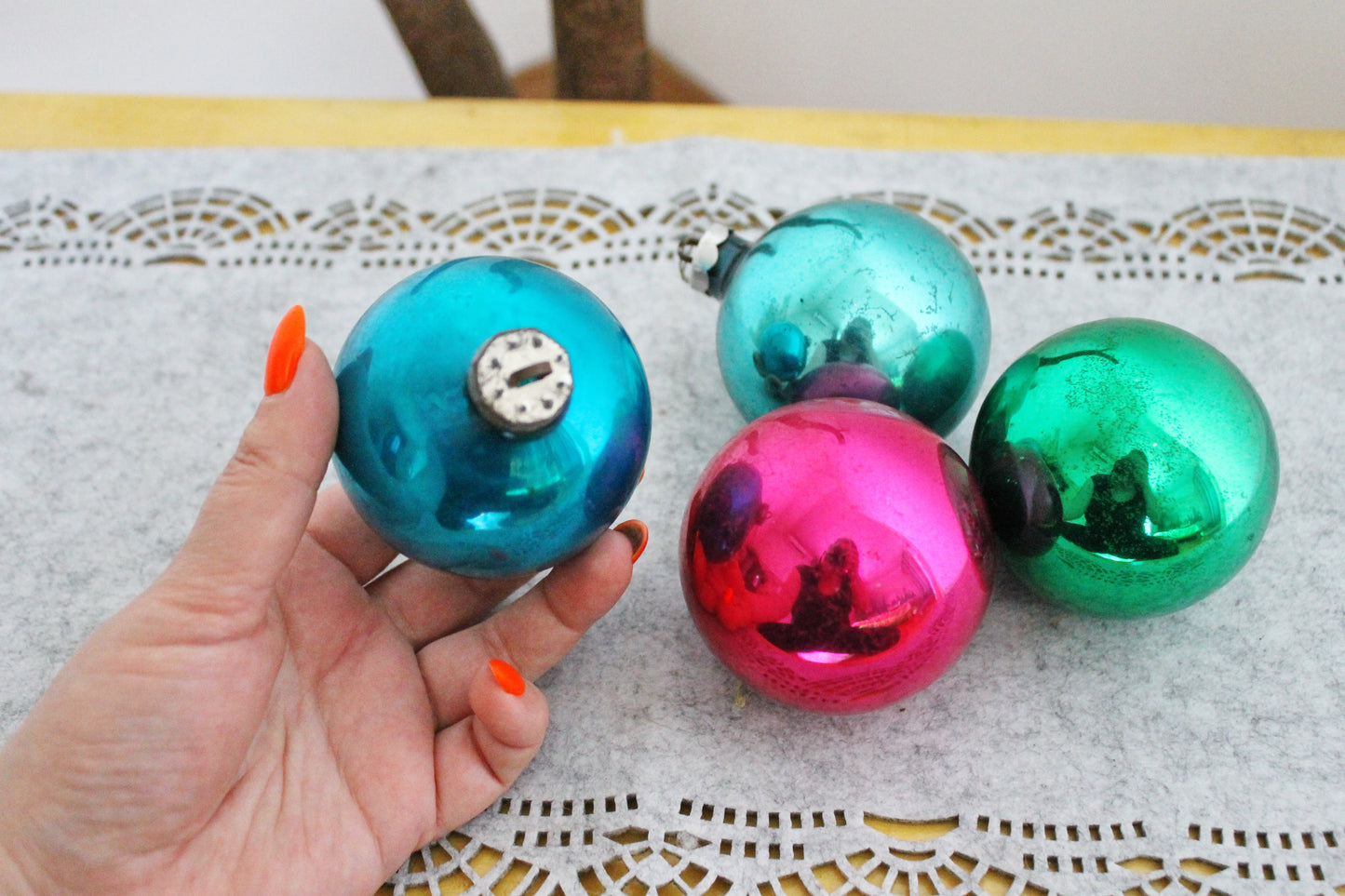 Christmas tree balls ornament 2.7 inches - Set of four - Soviet vintage - Christmas - New Year Glass Ornament, Made in USSR - 1970s
