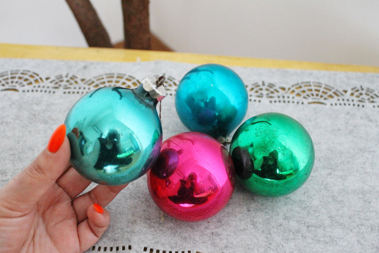 Christmas tree balls ornament 2.7 inches - Set of four - Soviet vintage - Christmas - New Year Glass Ornament, Made in USSR - 1970s