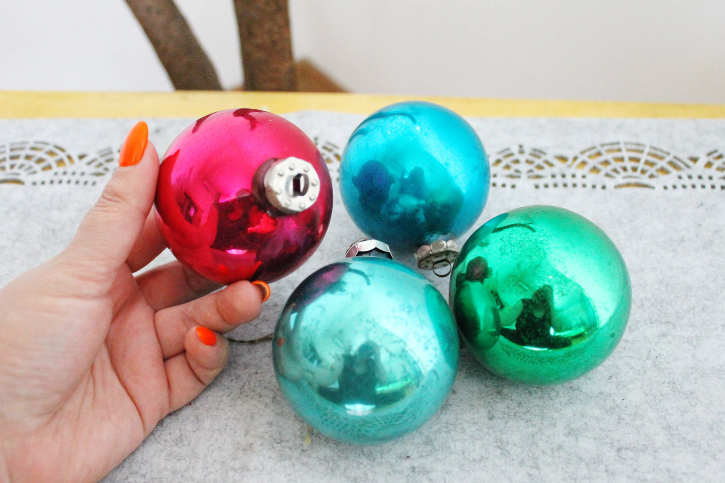 Christmas tree balls ornament 2.7 inches - Set of four - Soviet vintage - Christmas - New Year Glass Ornament, Made in USSR - 1970s