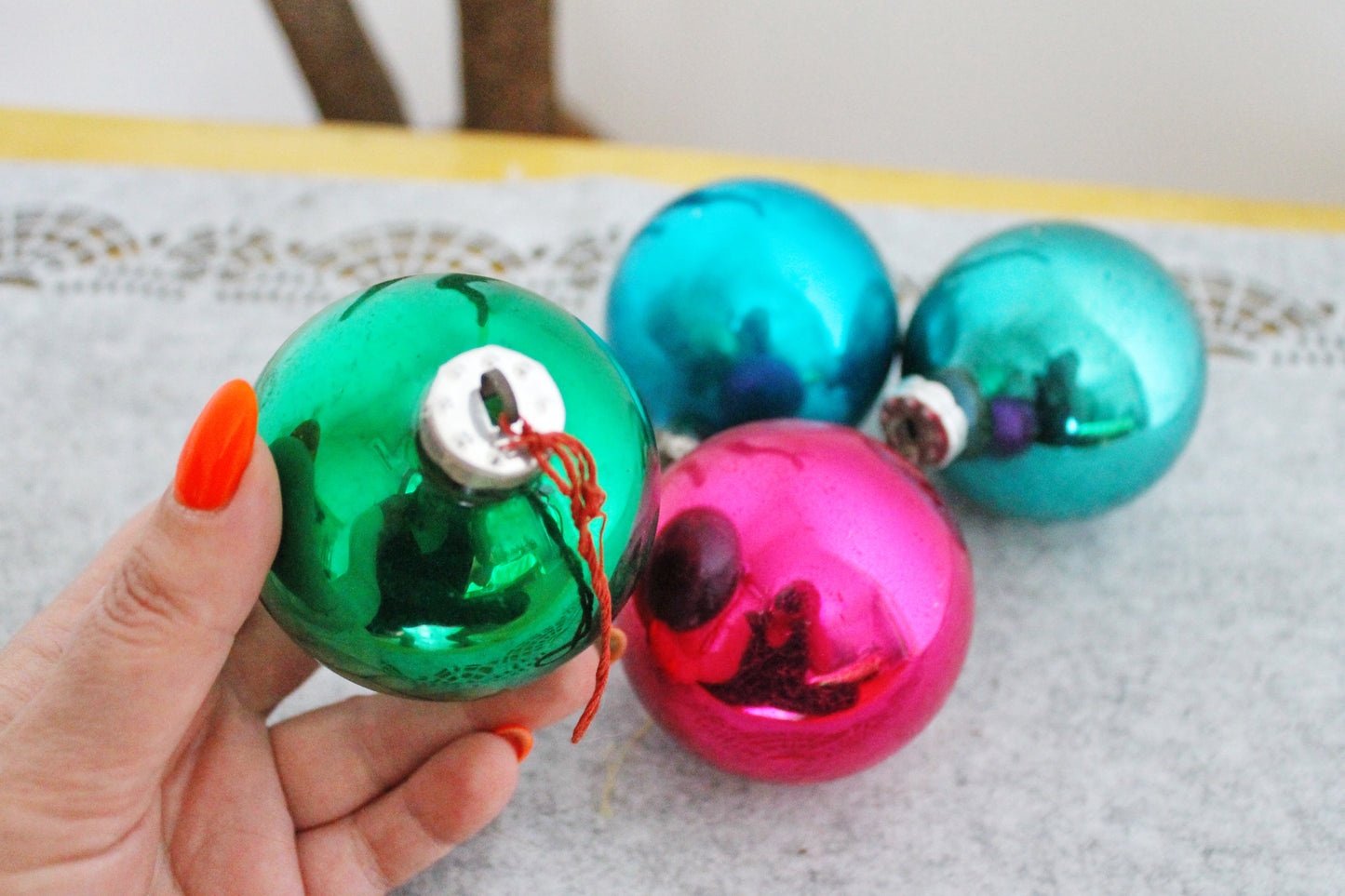 Christmas tree balls ornament 2.7 inches - Set of four - Soviet vintage - Christmas - New Year Glass Ornament, Made in USSR - 1970s