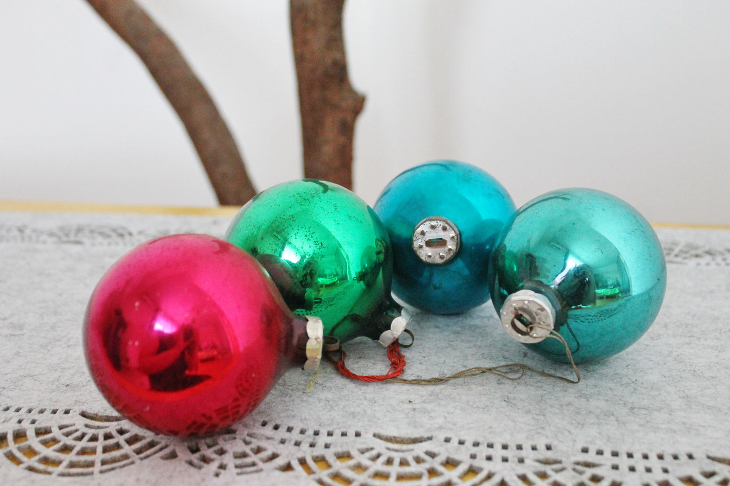 Christmas tree balls ornament 2.7 inches - Set of four - Soviet vintage - Christmas - New Year Glass Ornament, Made in USSR - 1970s