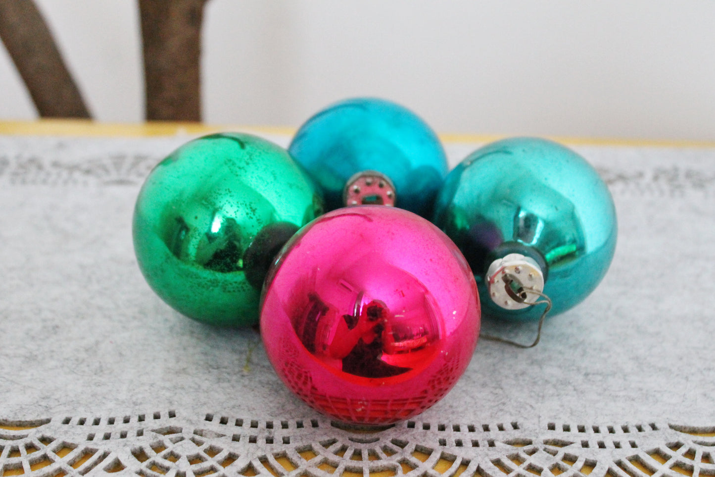 Christmas tree balls ornament 2.7 inches - Set of four - Soviet vintage - Christmas - New Year Glass Ornament, Made in USSR - 1970s