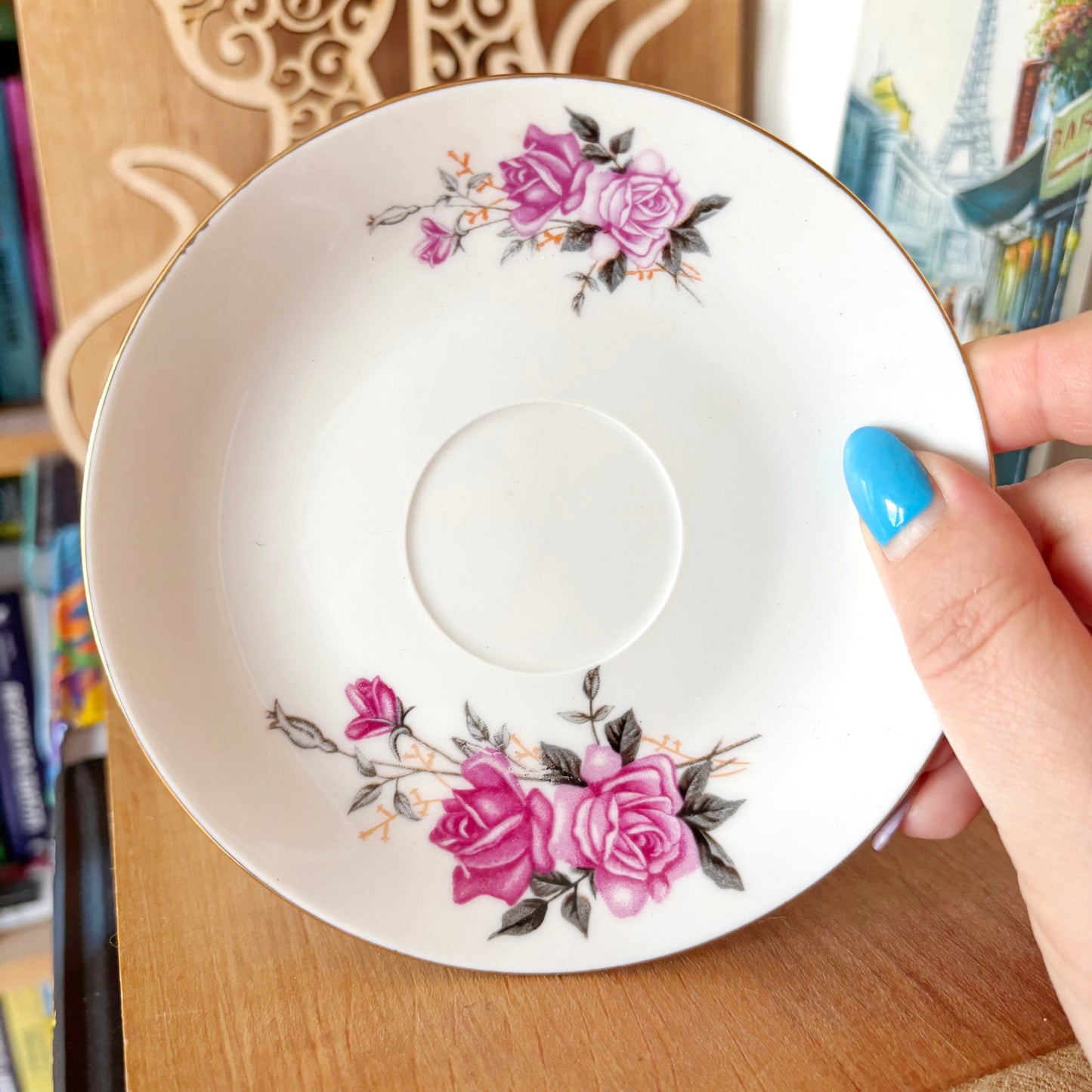 Set of 3 Vintage Tientsin China Saucers Pink Rose Porcelain Tea Saucers Gold Trim Tianjin China Floral Tableware