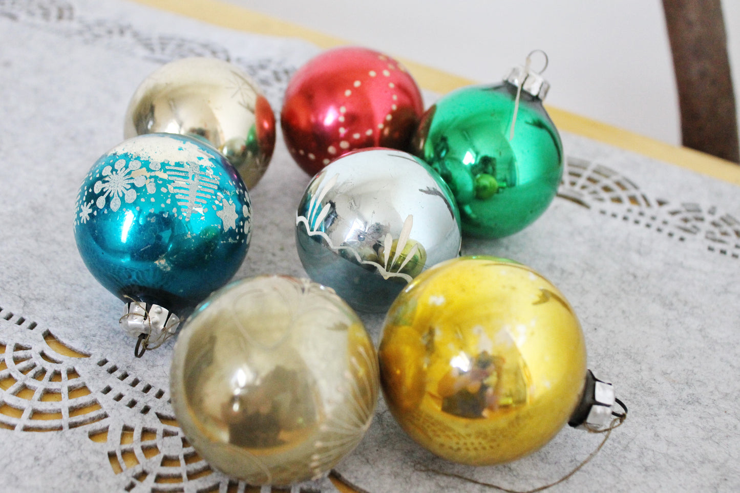 Christmas tree balls ornament 2.4 inches - Set of seven - Soviet vintage - Christmas - New Year Glass Ornament, Made in USSR - 1970s