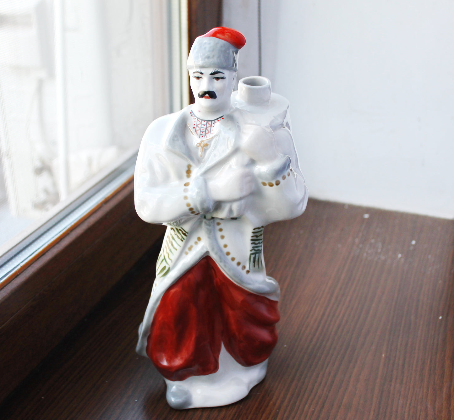 Vintage porcelain decorative bottle 11.8 inch - "Cossack Vakula" - Made in USSR - Ukrainian style - 1970s - Polonne