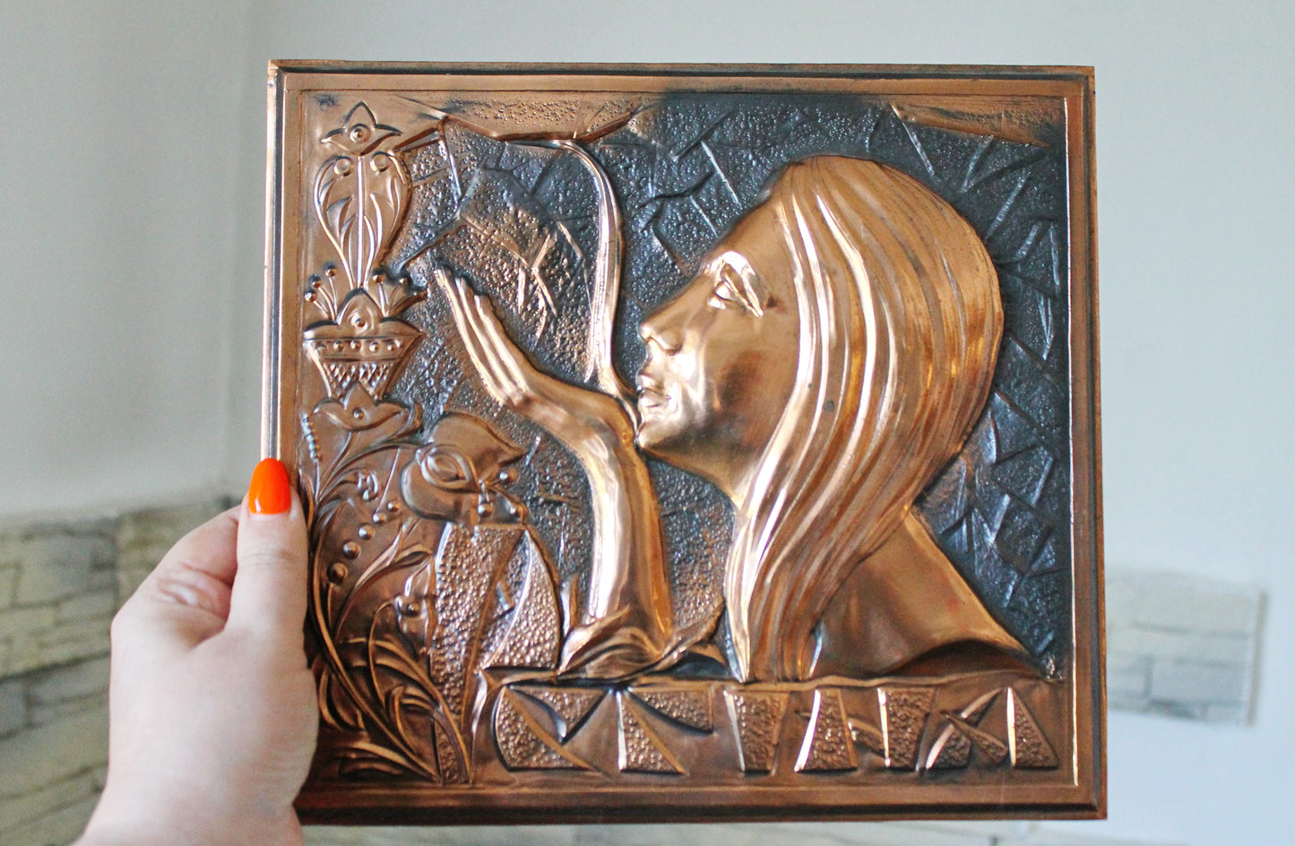 Wall stamping picture "Regina" - USSR chased wall plaque - brass wall art - rustic home decor metall picture