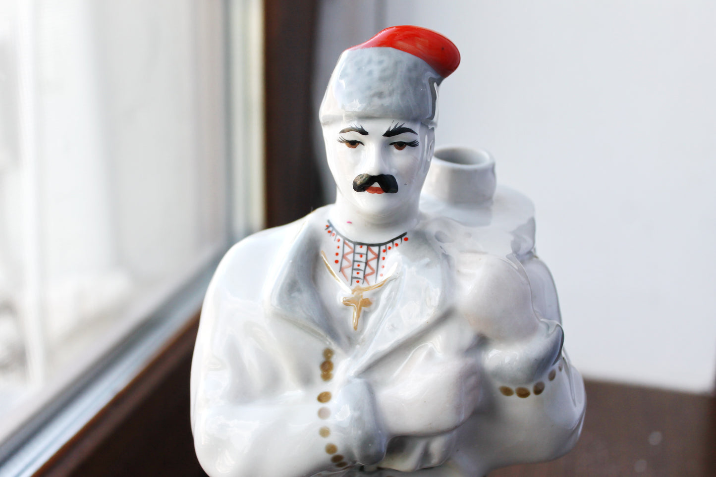 Vintage porcelain decorative bottle 11.8 inch - "Cossack Vakula" - Made in USSR - Ukrainian style - 1970s - Polonne