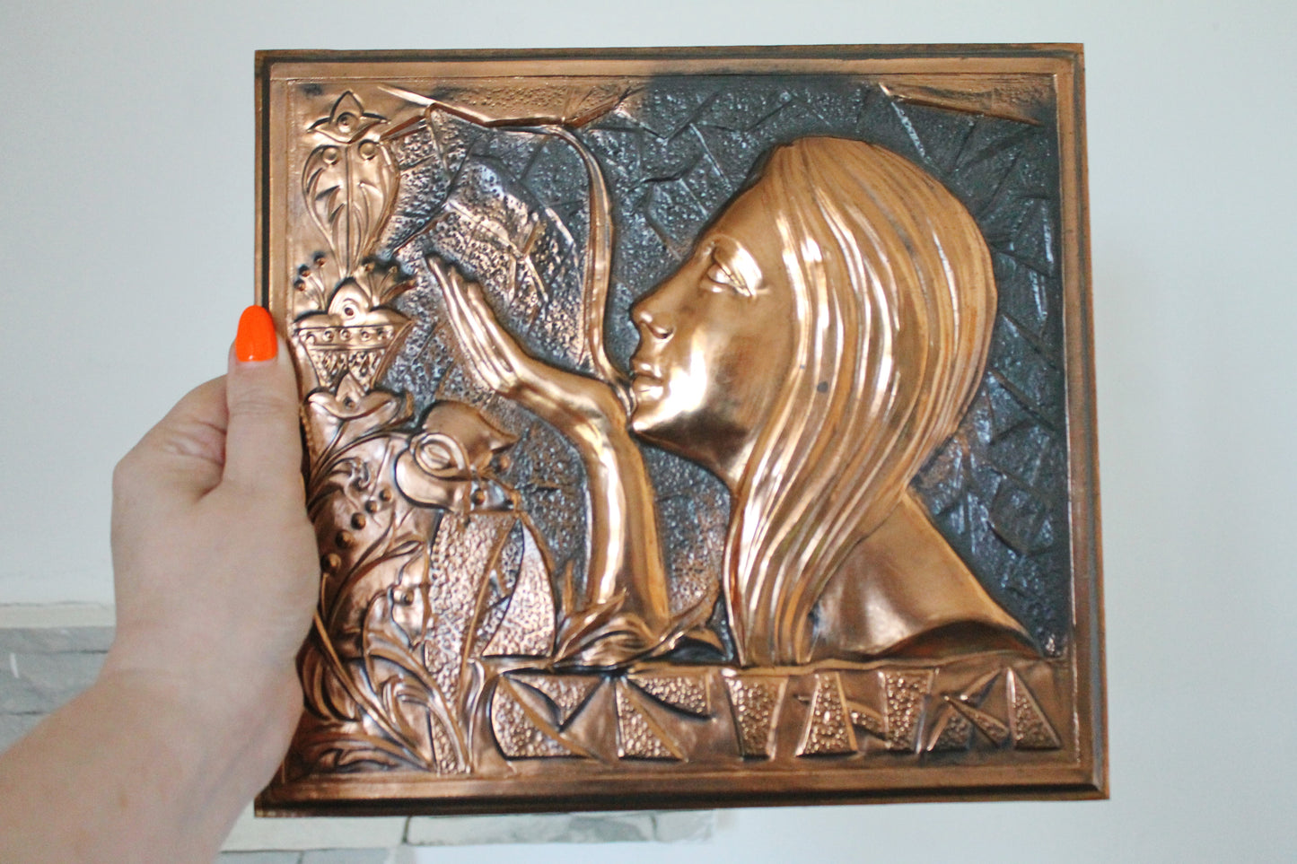 Wall stamping picture "Regina" - USSR chased wall plaque - brass wall art - rustic home decor metall picture