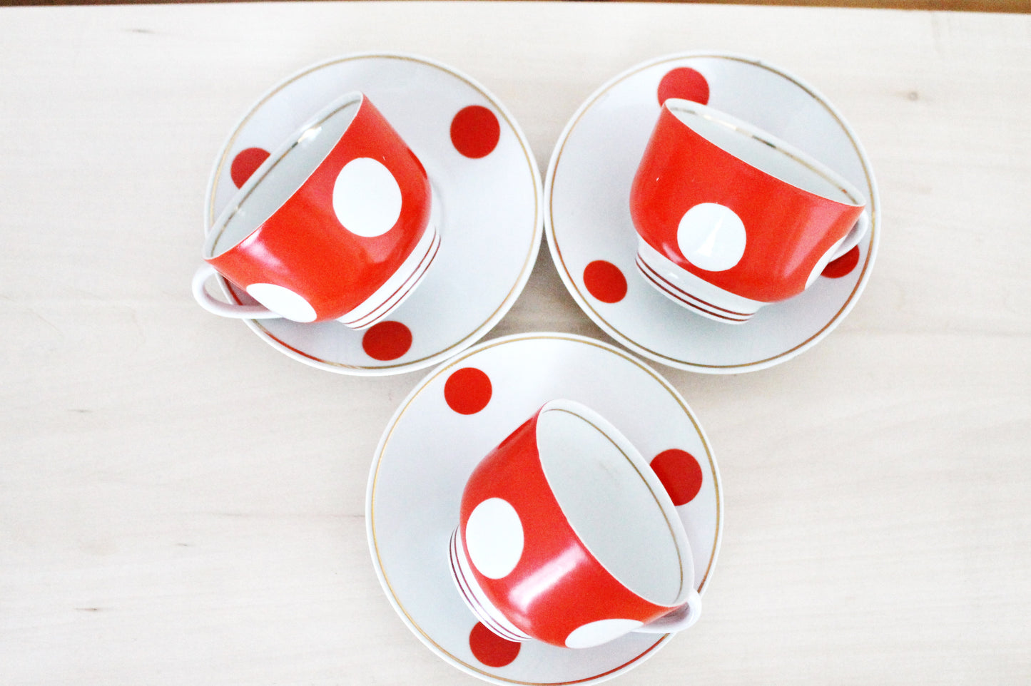 Soviet polka dot vintage tea-coffee set of 3, Soviet Porcelain service, Vintage Porcelain set - Dovbysky Porcelain Factory - 1970s