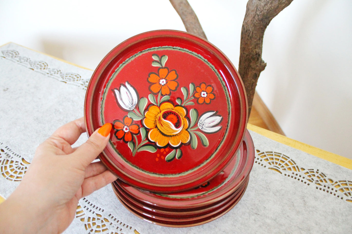 Vintage Germany plates - set of 5 - 7.8 inches - Beautiful Germany Porcelain red Plates with flowers ornament - 1980s