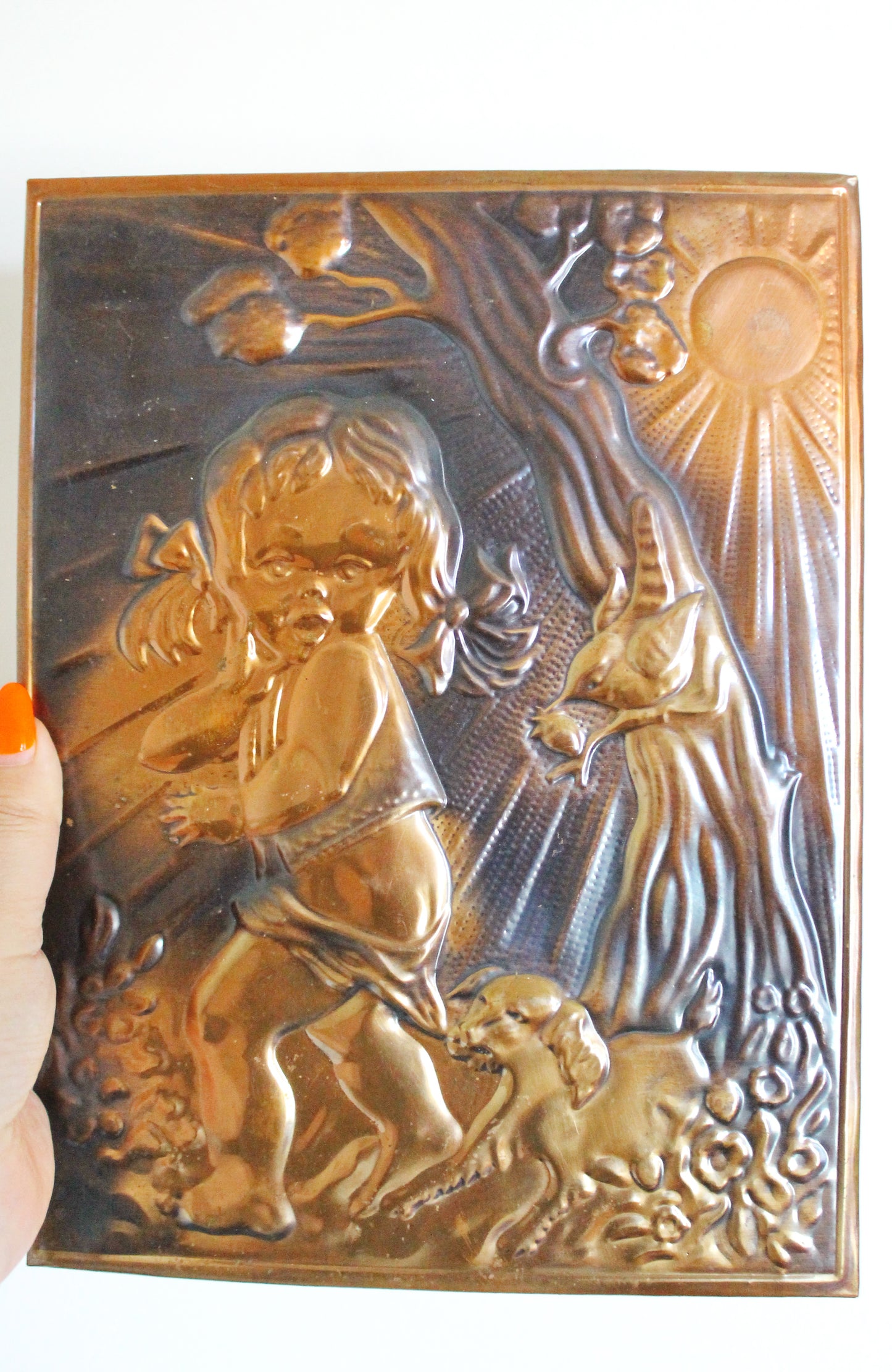 Wall stamping picture "A girl with a dog" - USSR chased wall plaque - brass wall art - rustic home decor metall picture